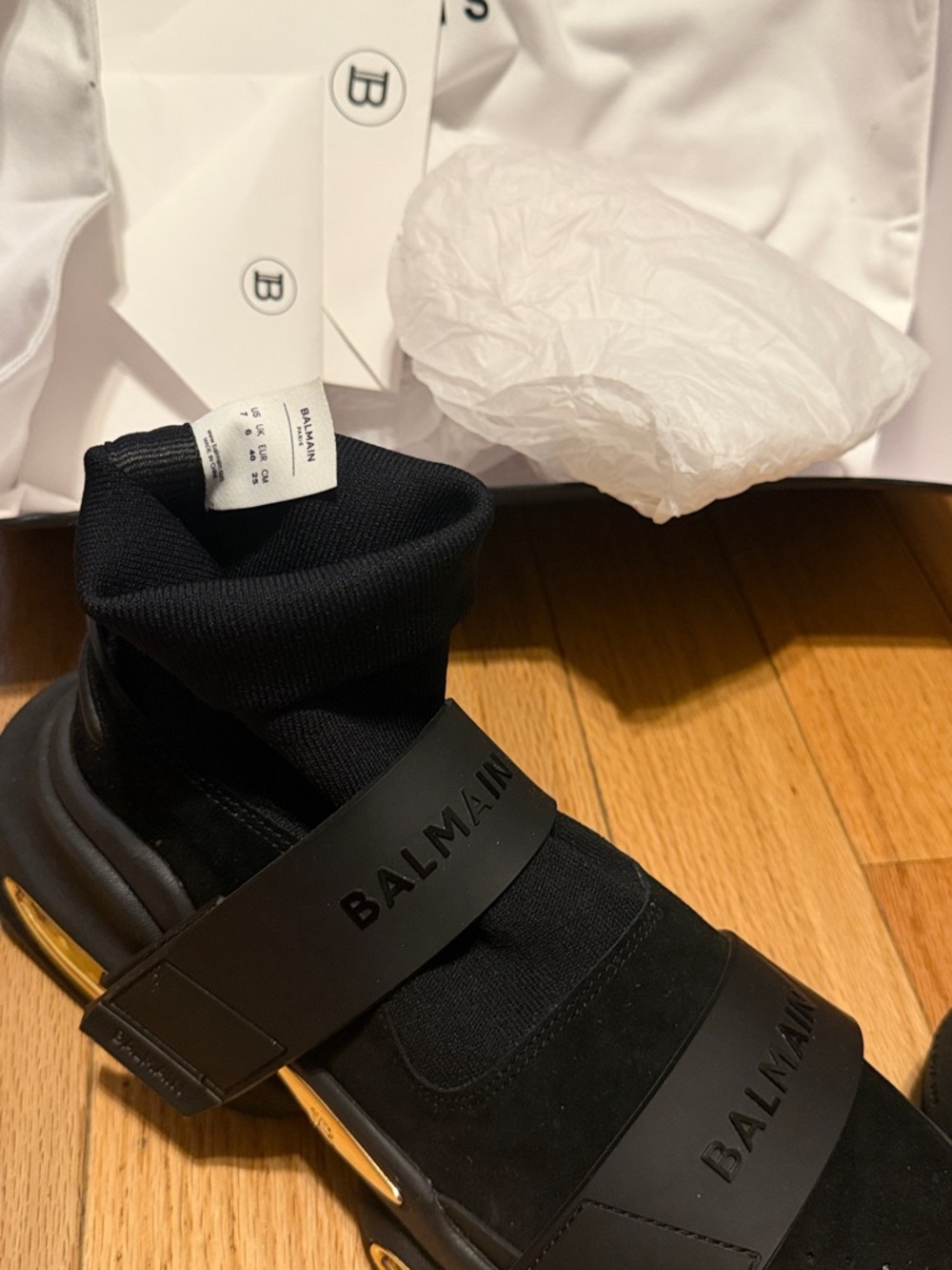 Balmain Black Knit High-Top Sneakers with Gold Trim - Picture 4 of 4